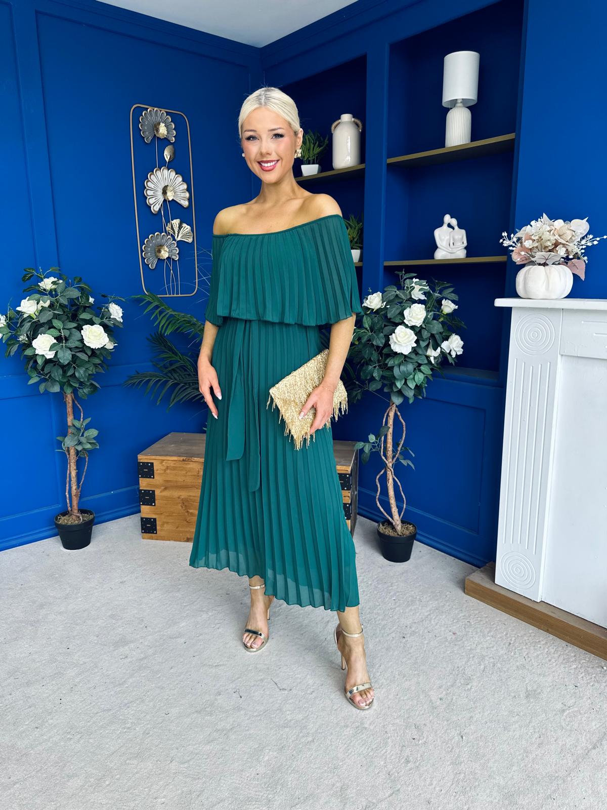 Aileen Pleated Bardot Midi Dress Forest