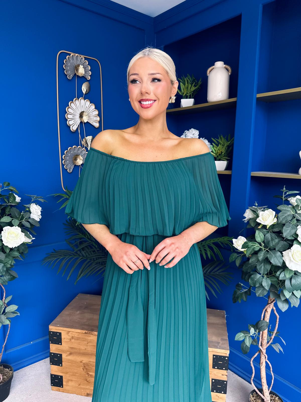 Aileen Pleated Bardot Midi Dress Forest