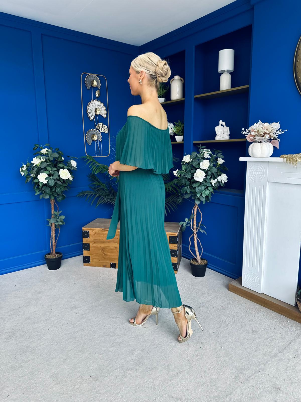 Aileen Pleated Bardot Midi Dress Forest