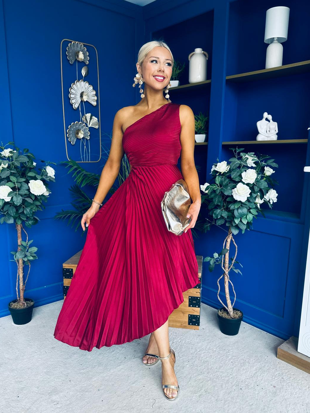 Enya Pleated Midi Occasion Dress Burgundy