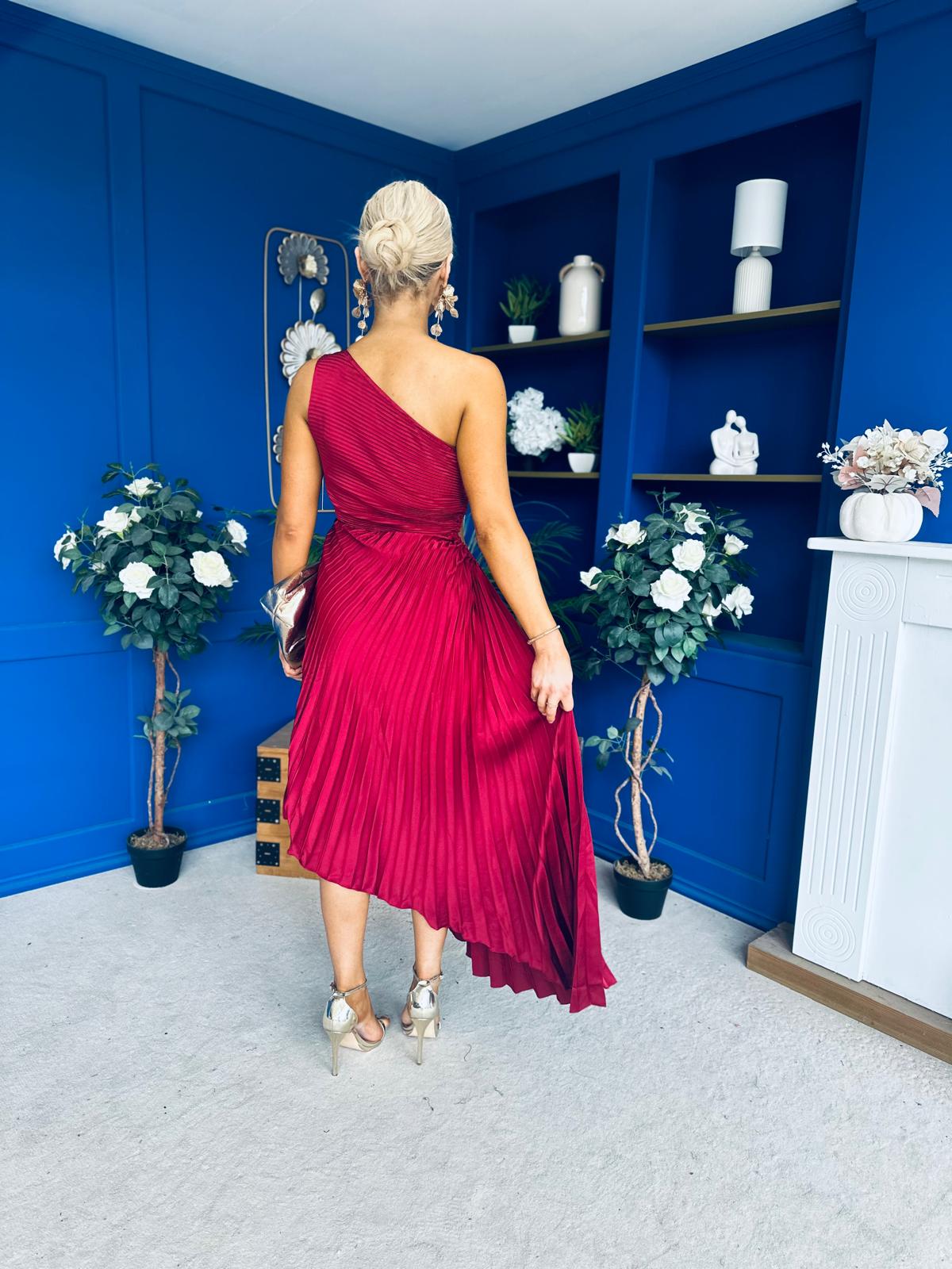 Enya Pleated Midi Occasion Dress Burgundy