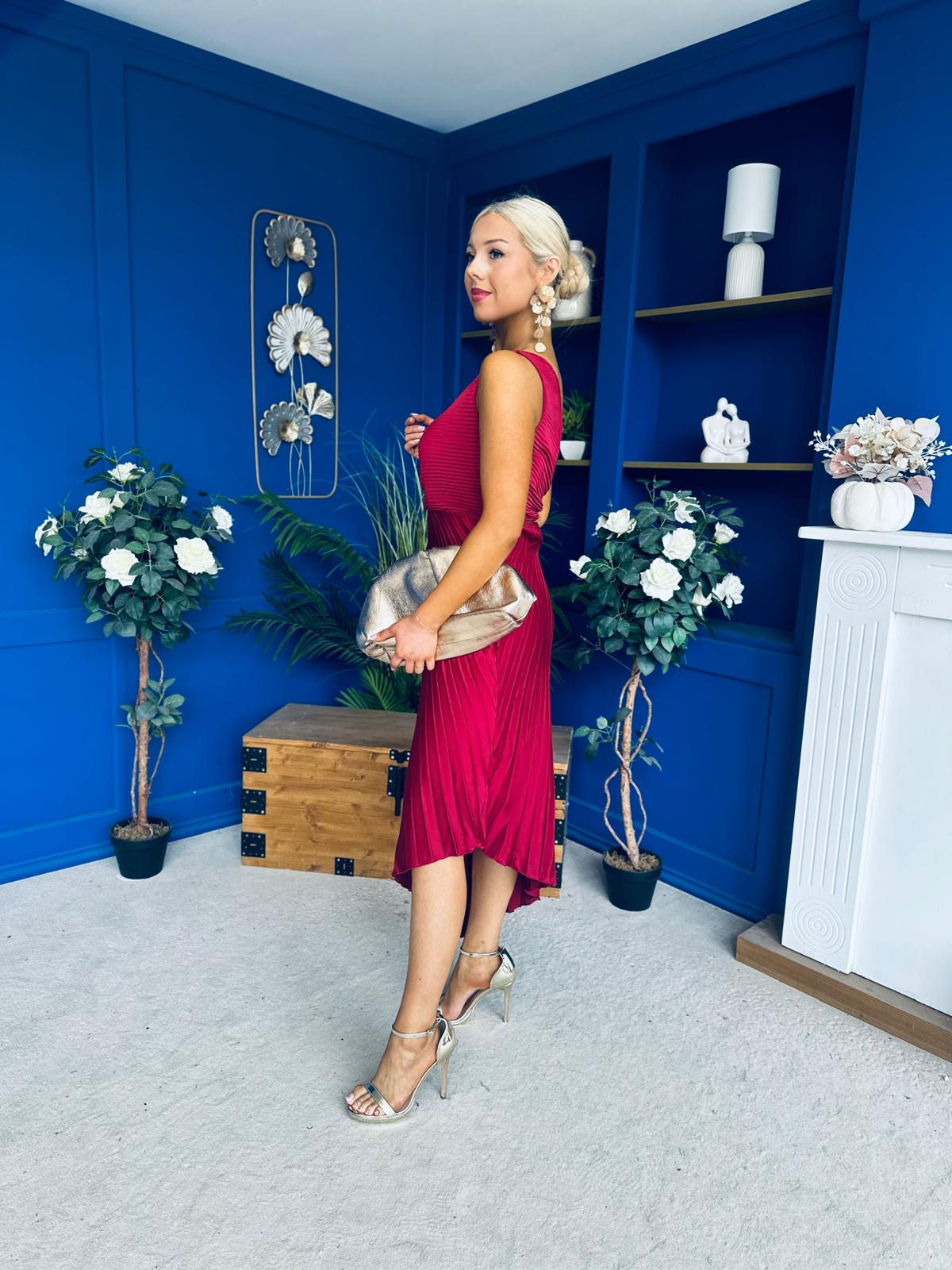 Enya Pleated Midi Occasion Dress Burgundy