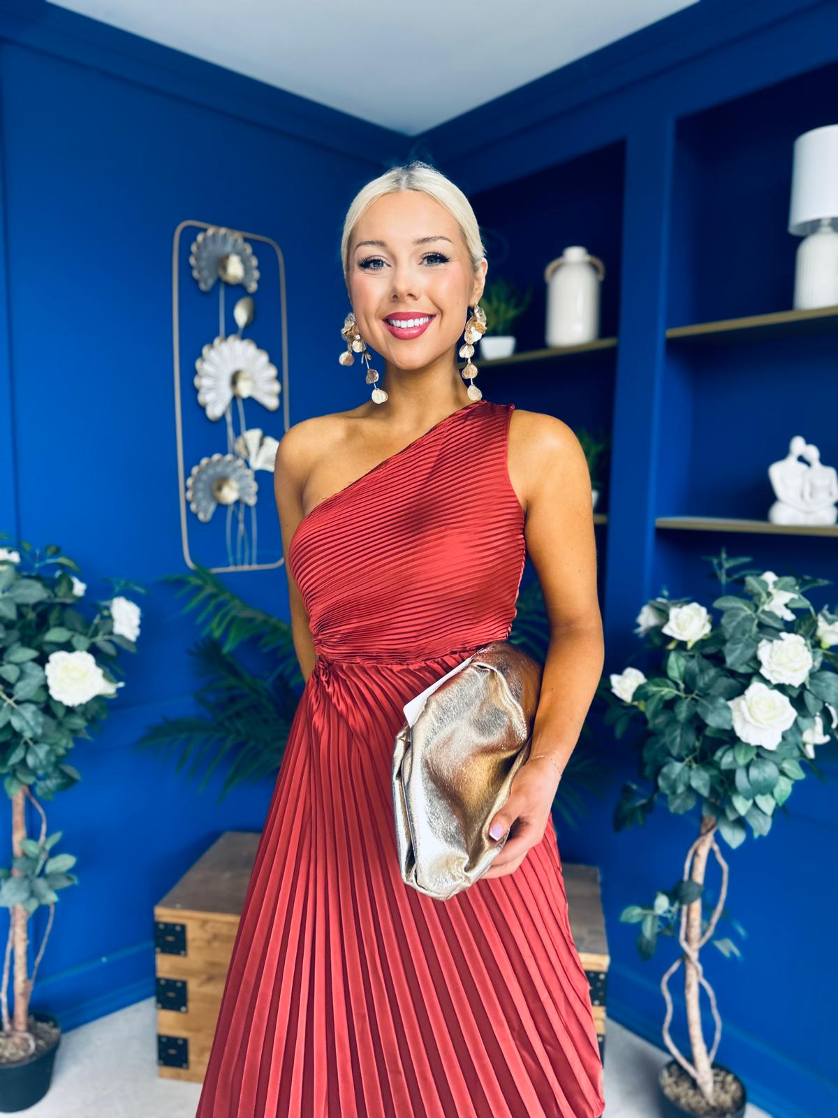 Enya Pleated Midi Occasion Dress Burnt Orange