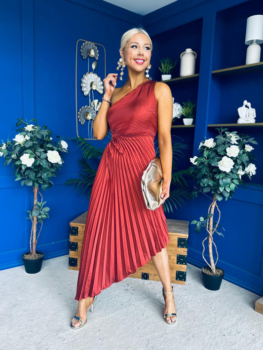 Enya Pleated Midi Occasion Dress Burnt Orange