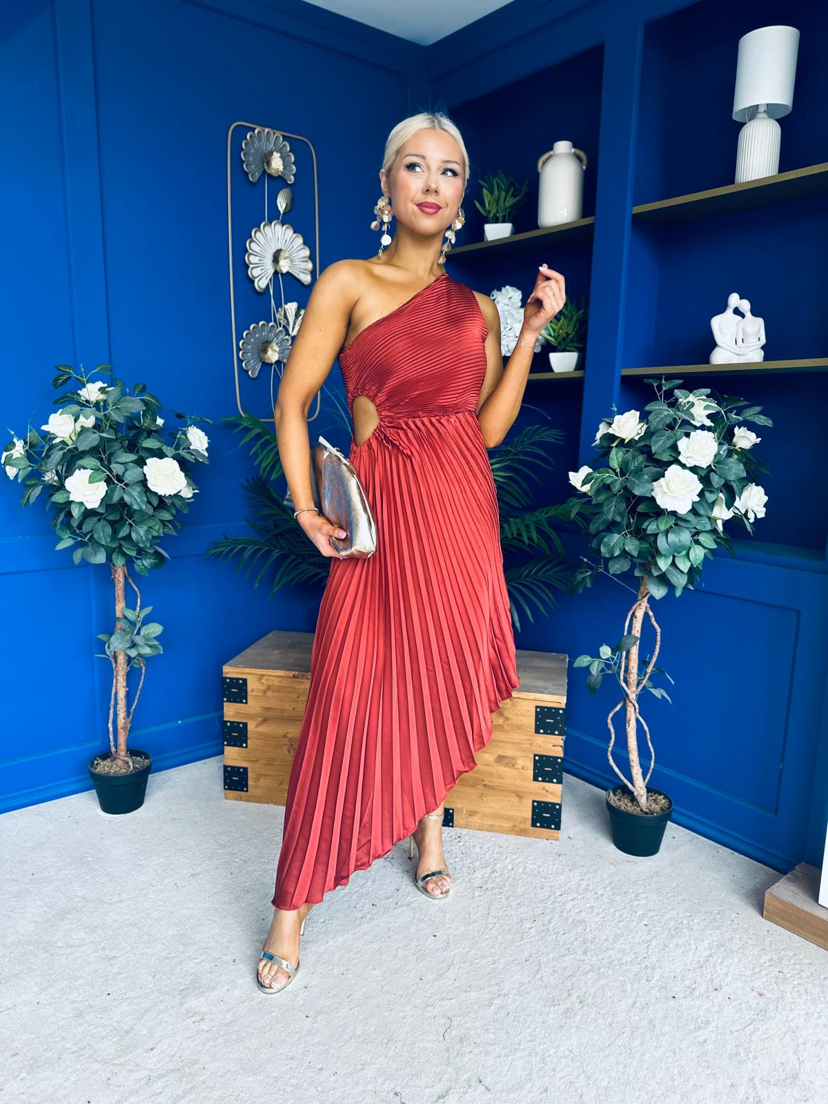 Enya Pleated Midi Occasion Dress Burnt Orange
