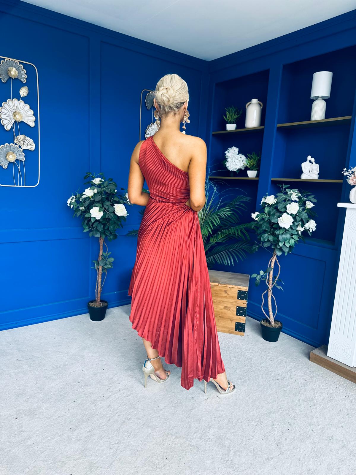 Enya Pleated Midi Occasion Dress Burnt Orange