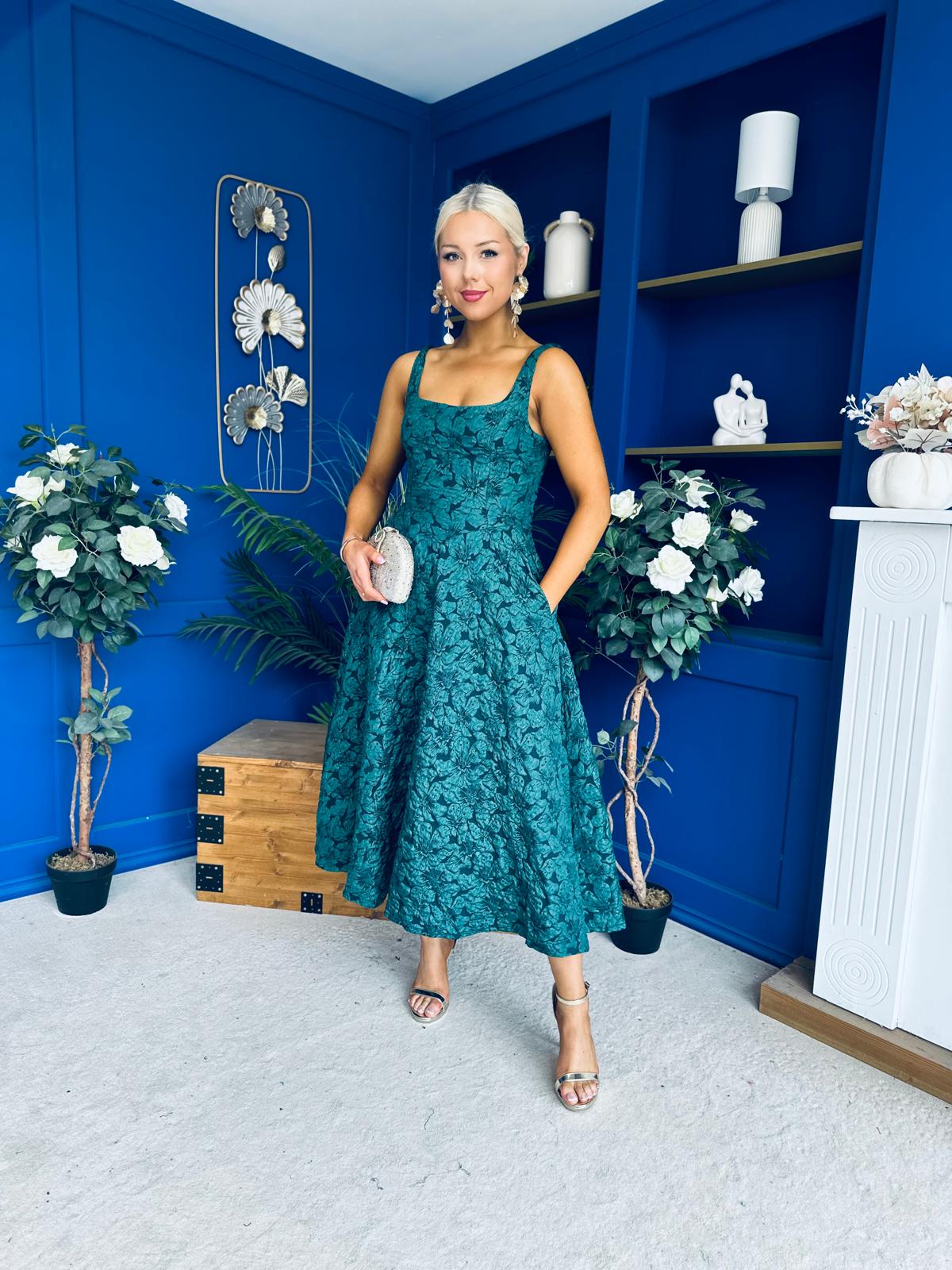 Henrietta Floral Jacquard Square Neck Midi Dress Forest
