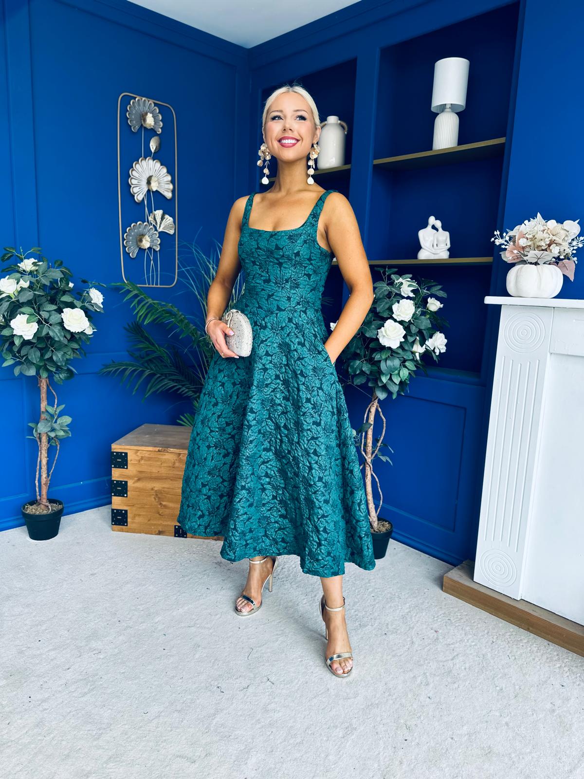 Henrietta Floral Jacquard Square Neck Midi Dress Forest