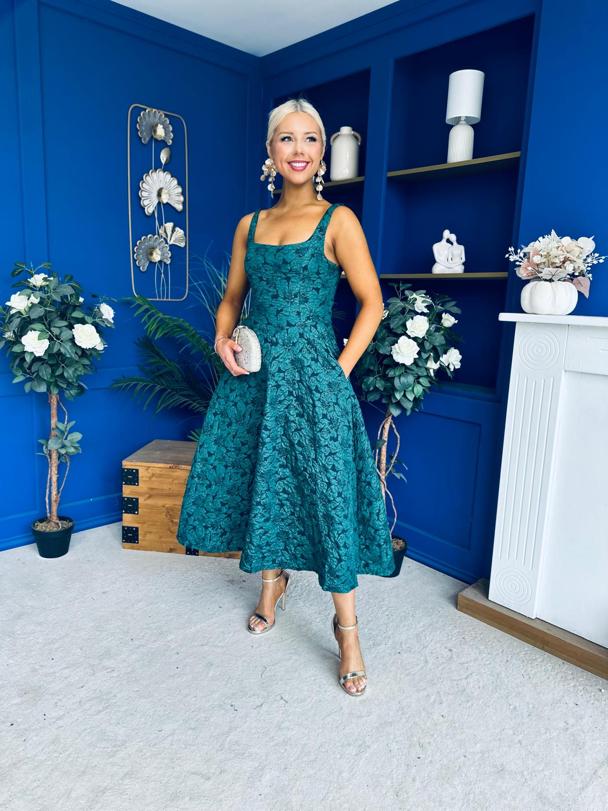 Henrietta Floral Jacquard Square Neck Midi Dress Forest