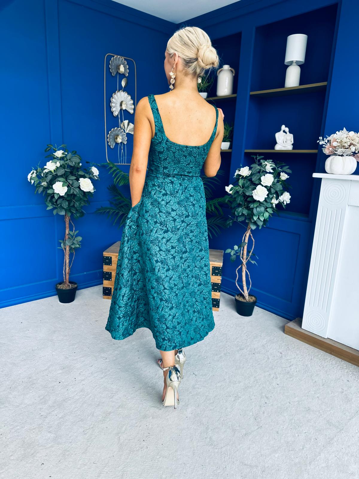 Henrietta Floral Jacquard Square Neck Midi Dress Forest