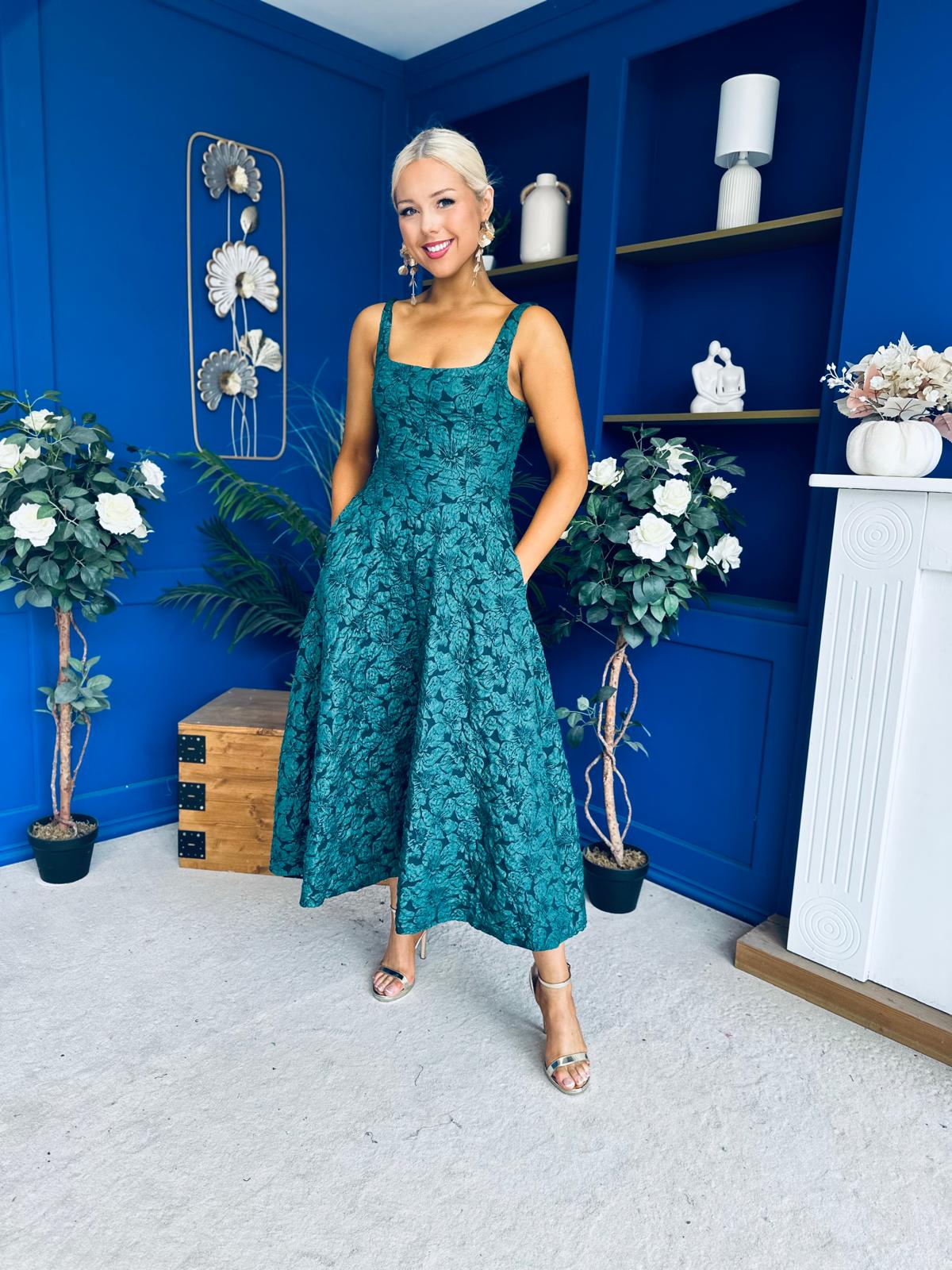Henrietta Floral Jacquard Square Neck Midi Dress Forest