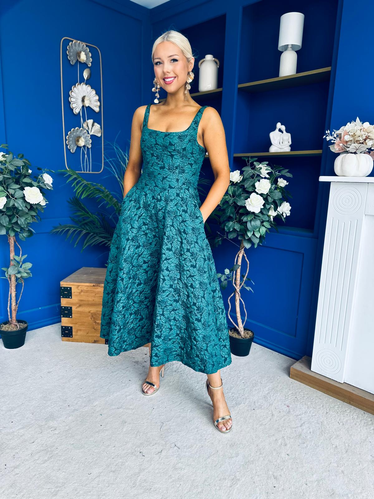 Henrietta Floral Jacquard Square Neck Midi Dress Forest