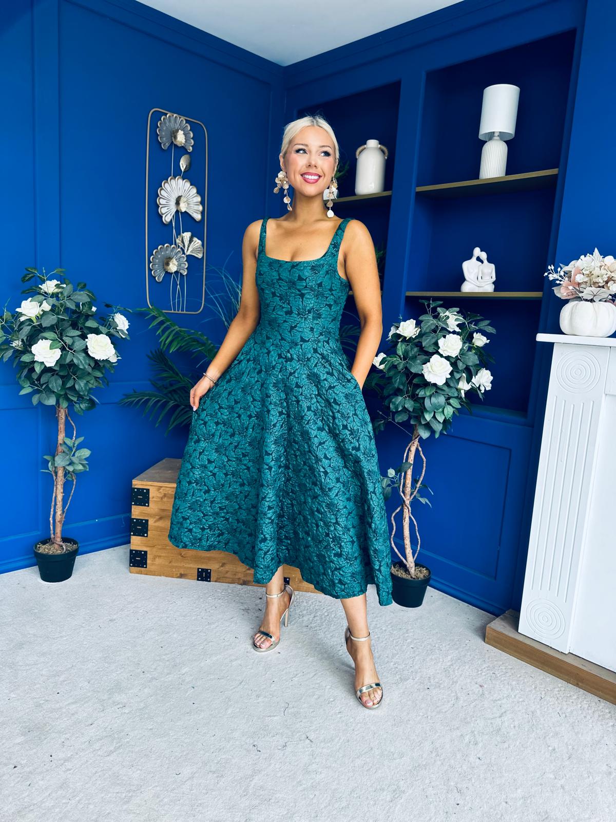 Henrietta Floral Jacquard Square Neck Midi Dress Forest