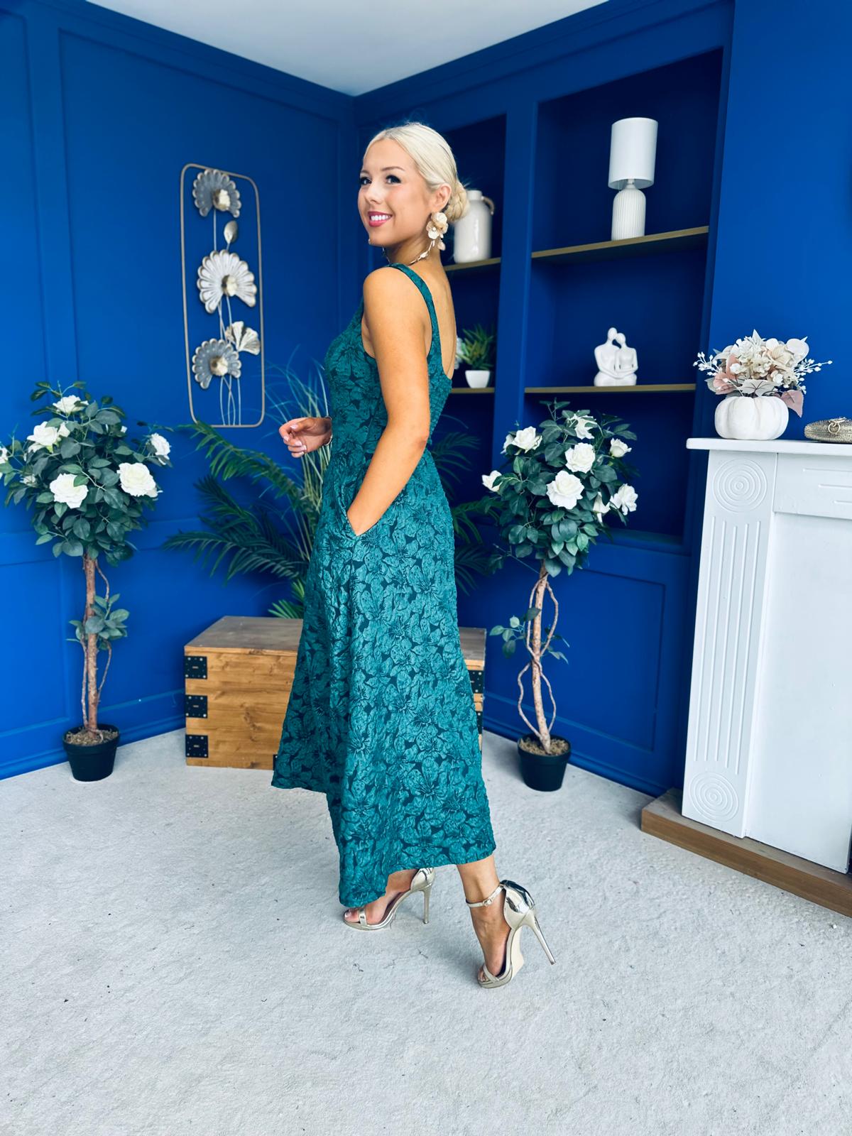 Henrietta Floral Jacquard Square Neck Midi Dress Forest