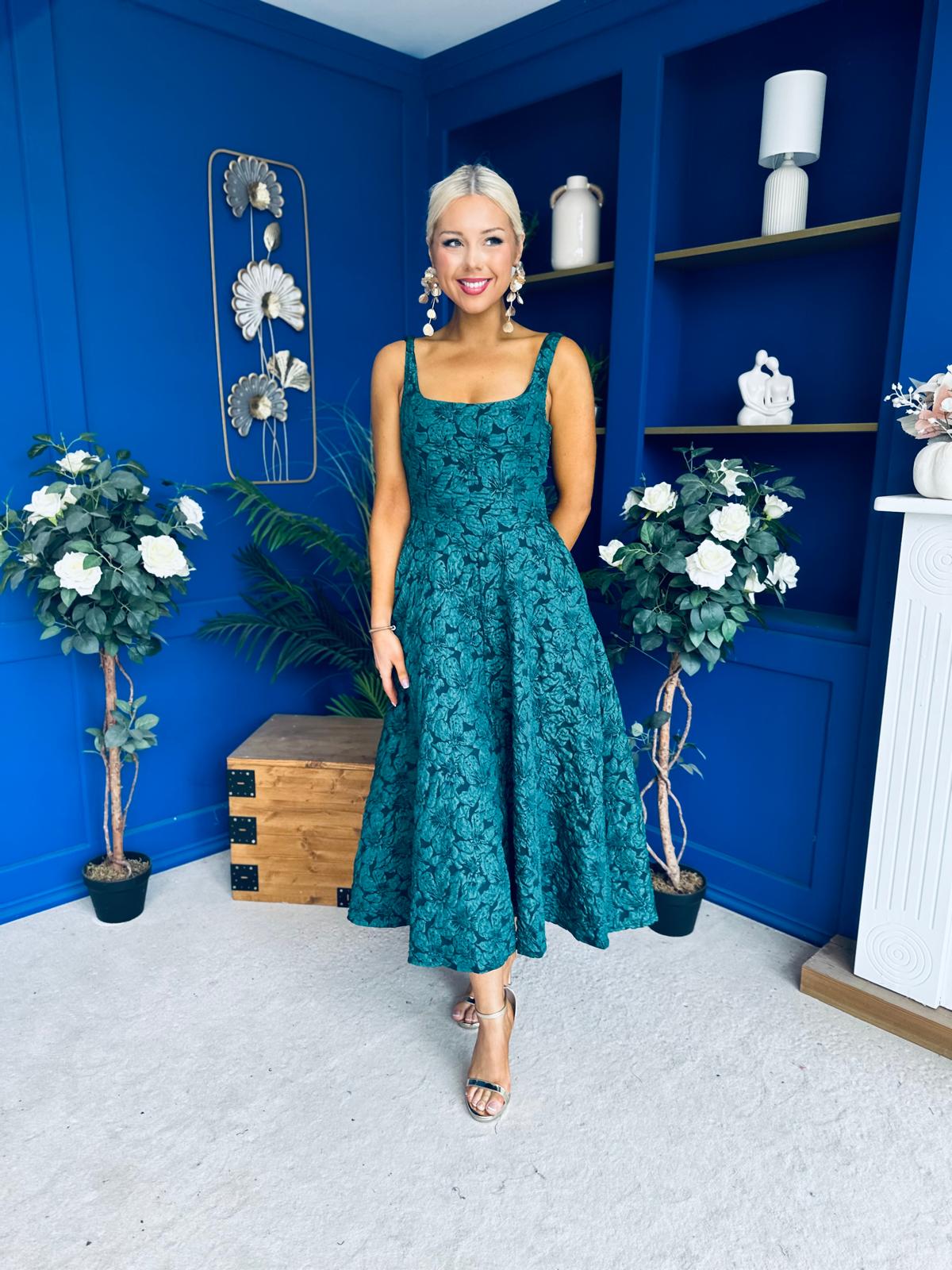 Henrietta Floral Jacquard Square Neck Midi Dress Forest