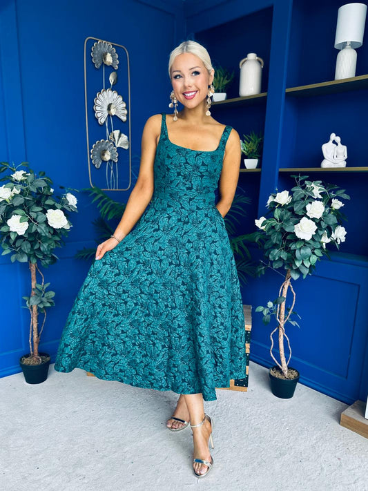 Henrietta Floral Jacquard Square Neck Midi Dress Forest Pre Order 26 Aug