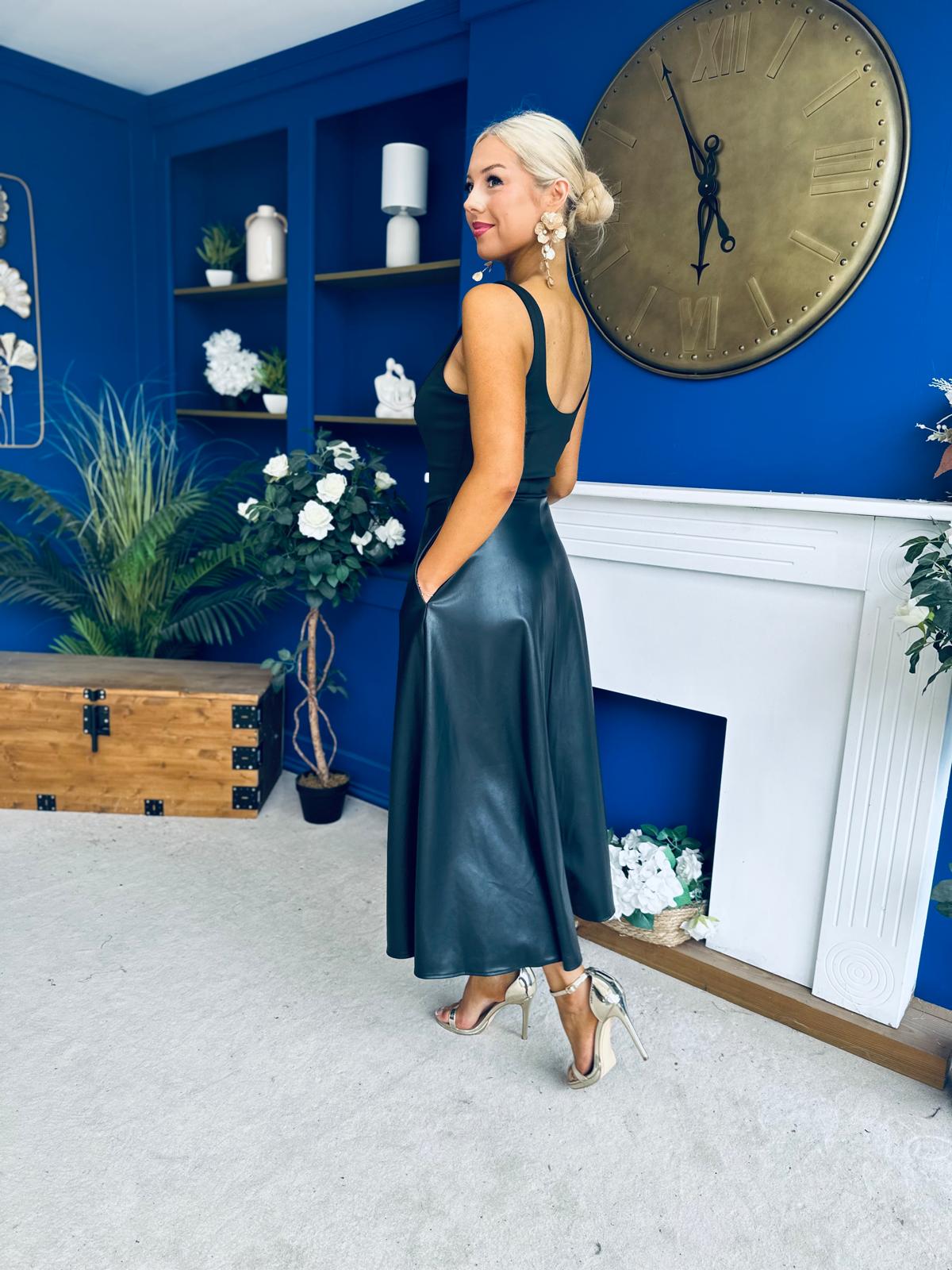 Frankie Faux Leather A-line Midi Dress Black