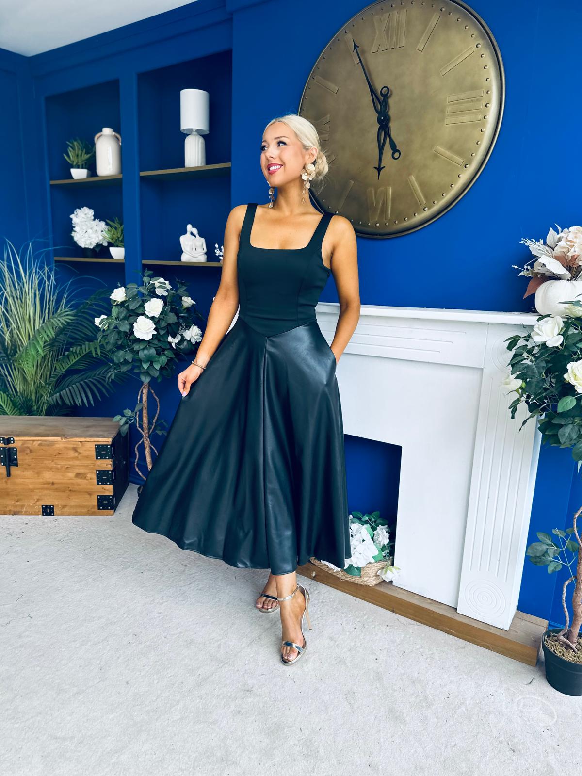 Frankie Faux Leather A-line Midi Dress Black