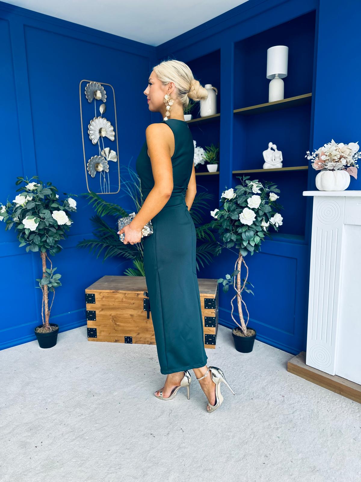 Brona Draped Sash Midi Dress Forest