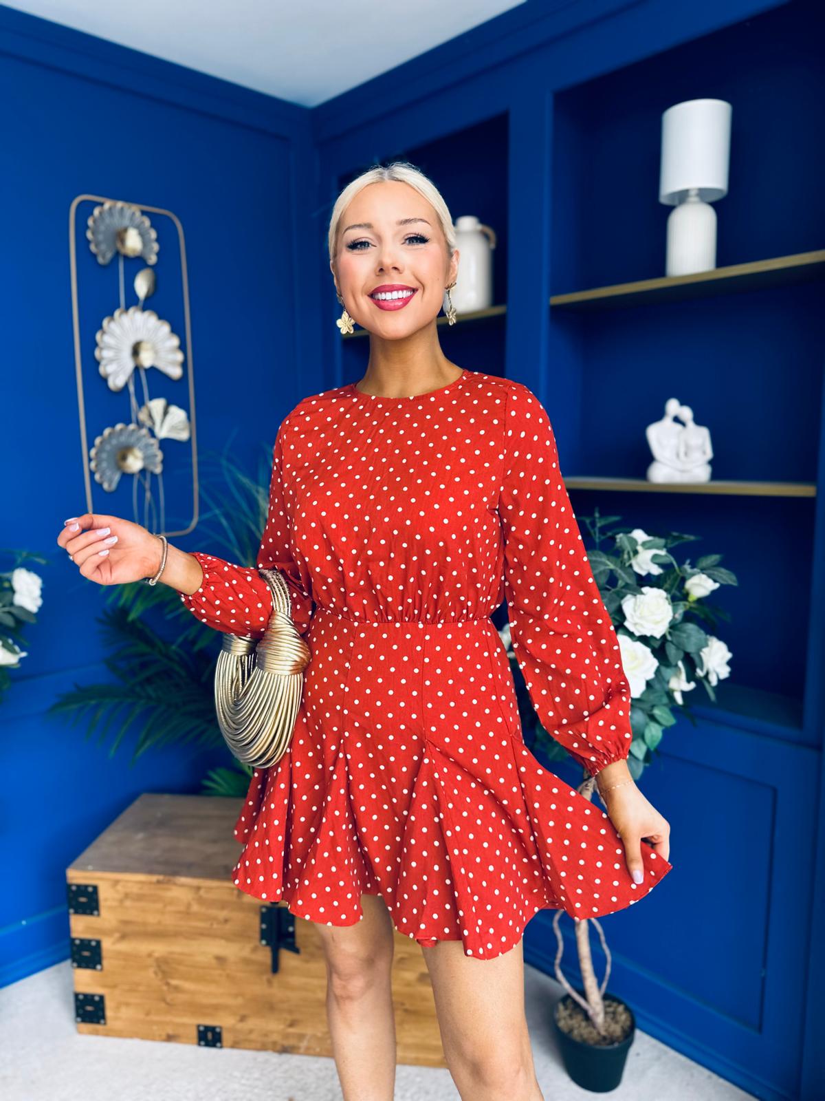 Terri Polka Mini Dress Burnt Orange