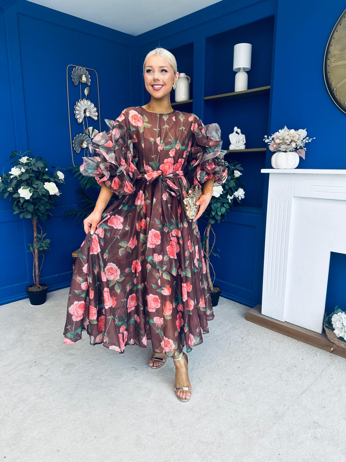 Verona Frill Sleeve Occasion Dress Floral Chocolate