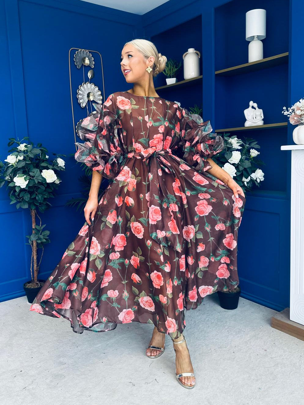 Verona Frill Sleeve Occasion Dress Floral Chocolate