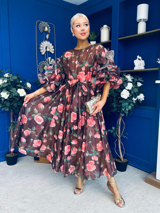 Verona Frill Sleeve Occasion Dress Floral Chocolate