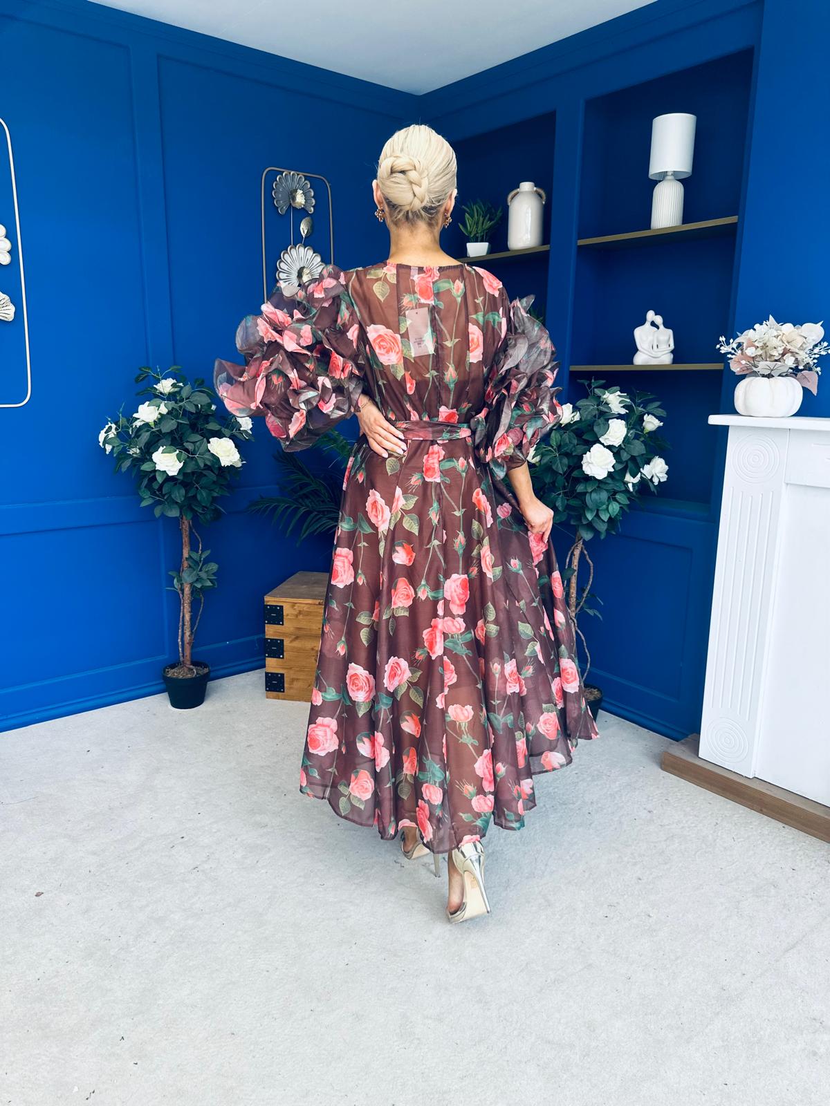 Verona Frill Sleeve Occasion Dress Floral Chocolate