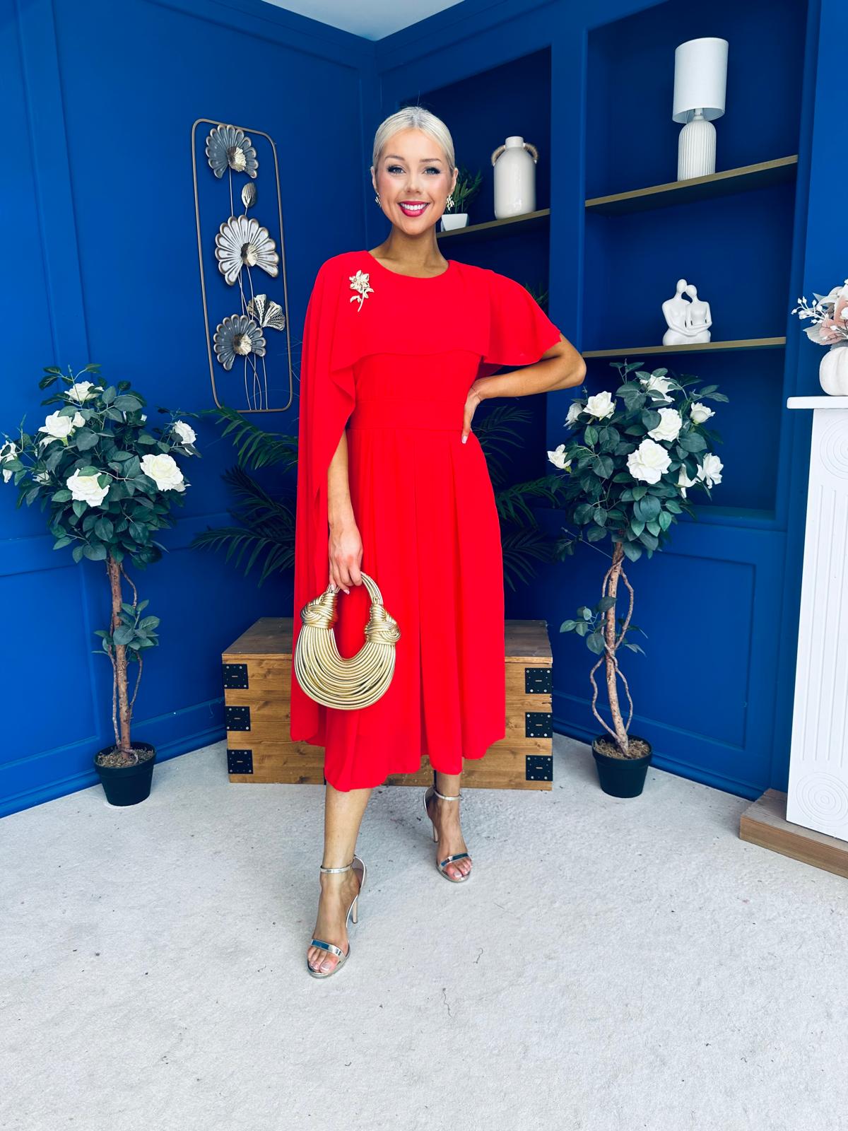Caoimhe Cape Detail Midi Dress Red