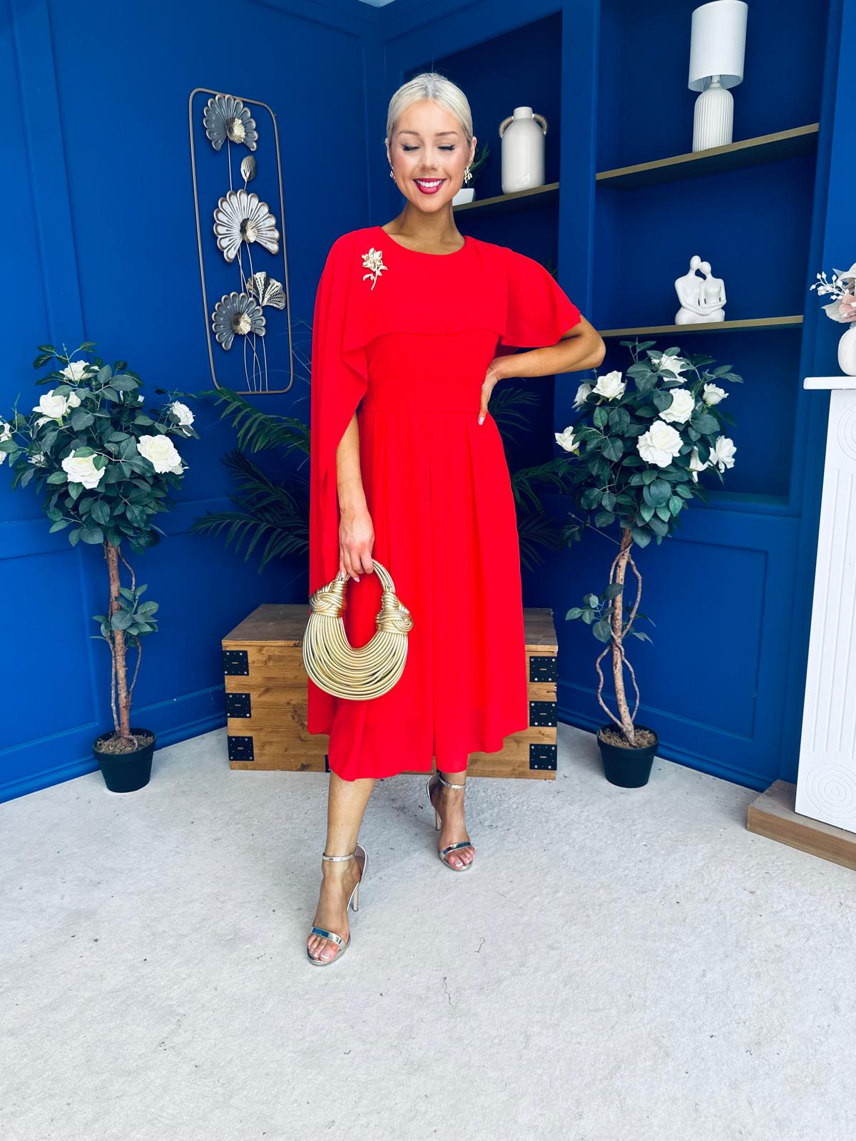 Caoimhe Cape Detail Midi Dress Red