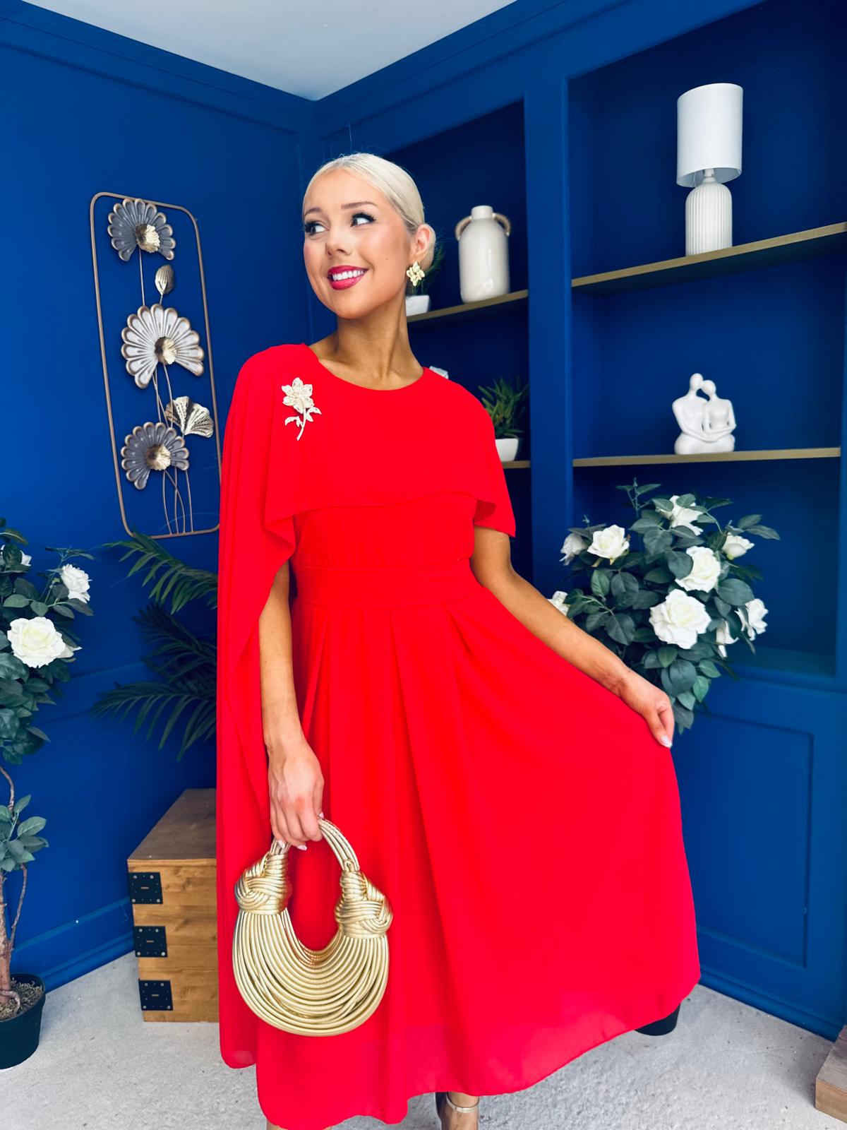 Caoimhe Cape Detail Midi Dress Red