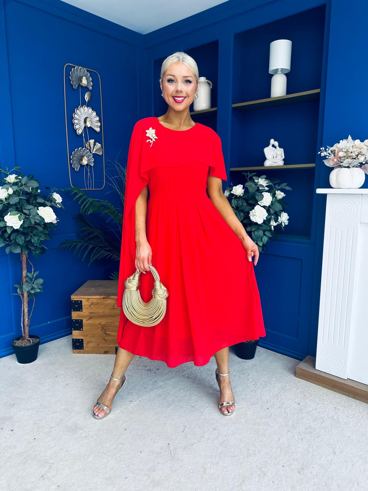 Caoimhe Cape Detail Midi Dress Red
