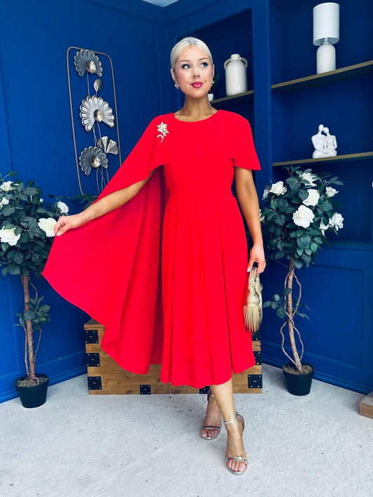 Caoimhe Cape Detail Midi Dress Red