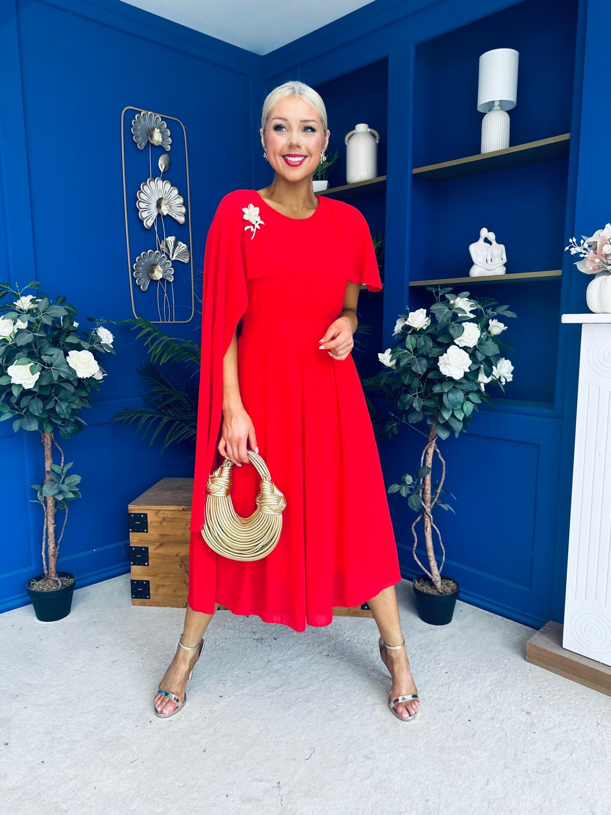 Caoimhe Cape Detail Midi Dress Red