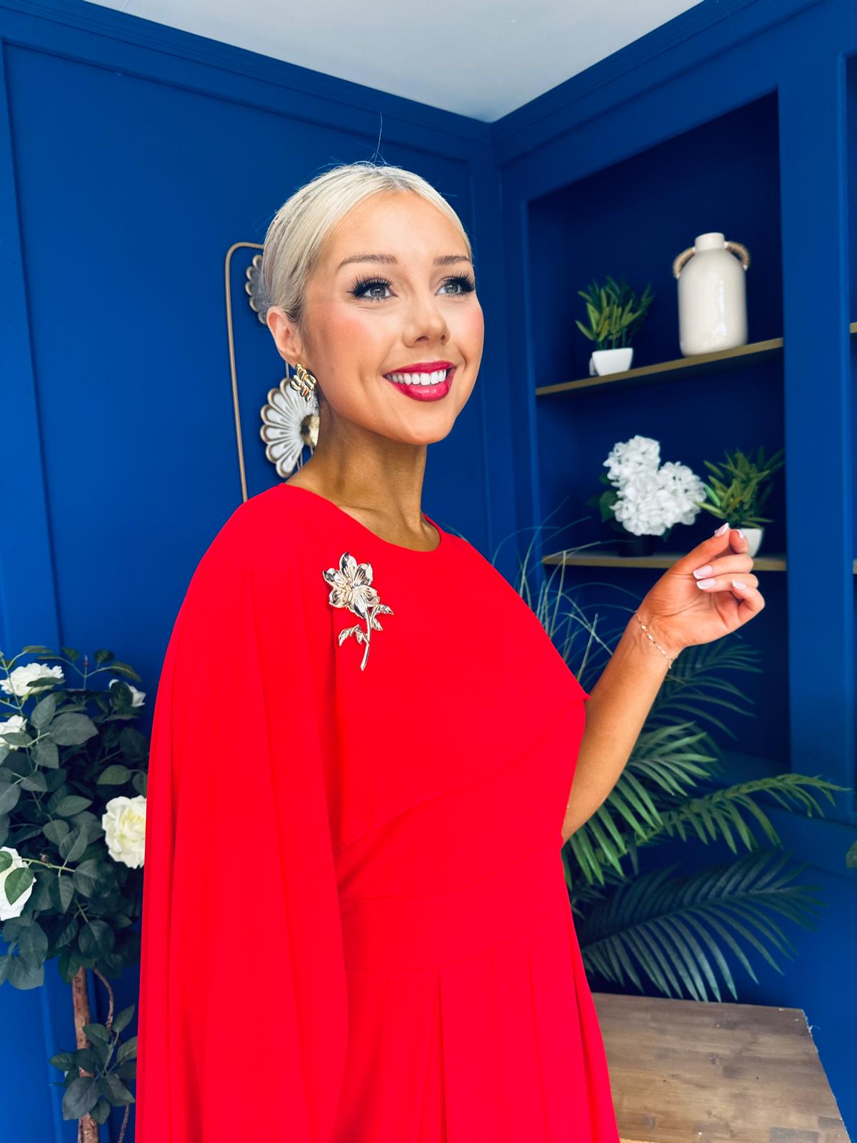 Caoimhe Cape Detail Midi Dress Red
