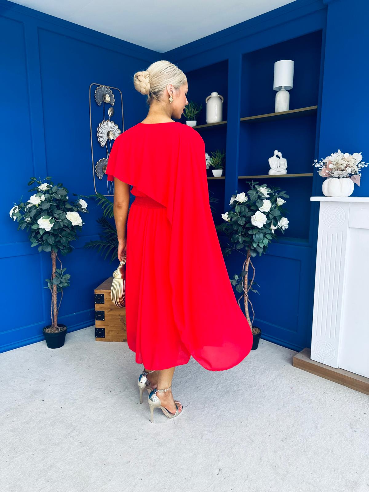 Caoimhe Cape Detail Midi Dress Red