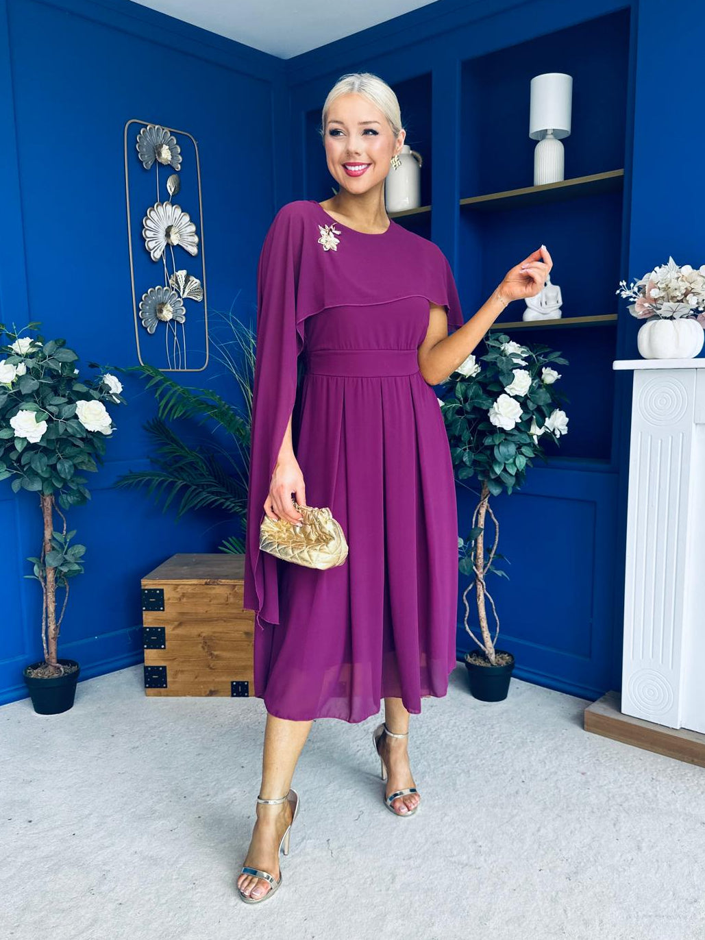 Caoimhe Cape Detail Midi Dress Berry