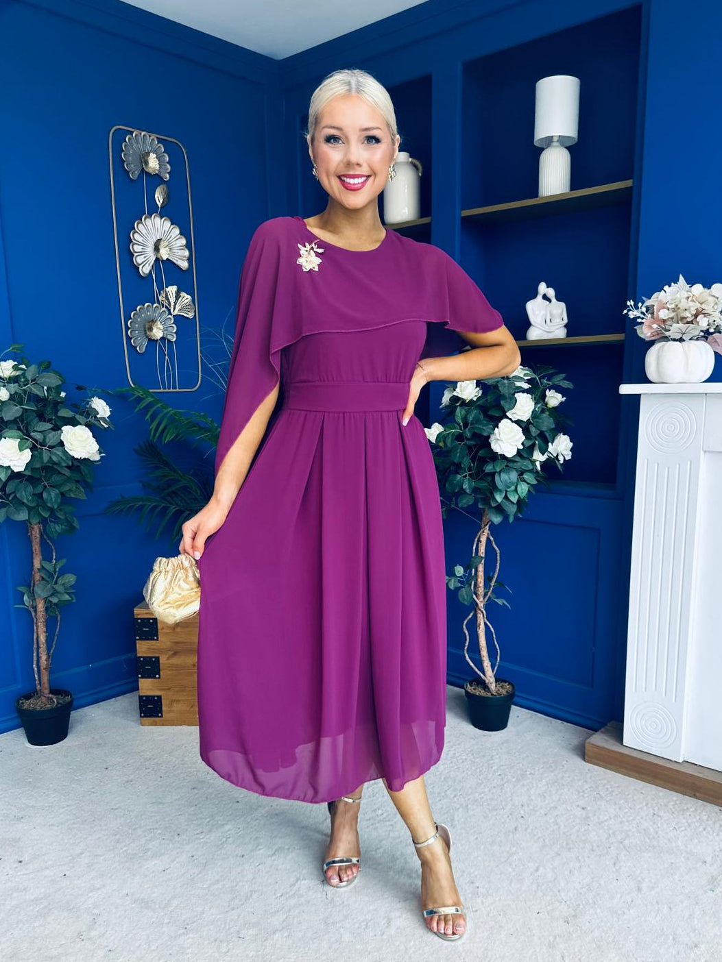 Caoimhe Cape Detail Midi Dress Berry