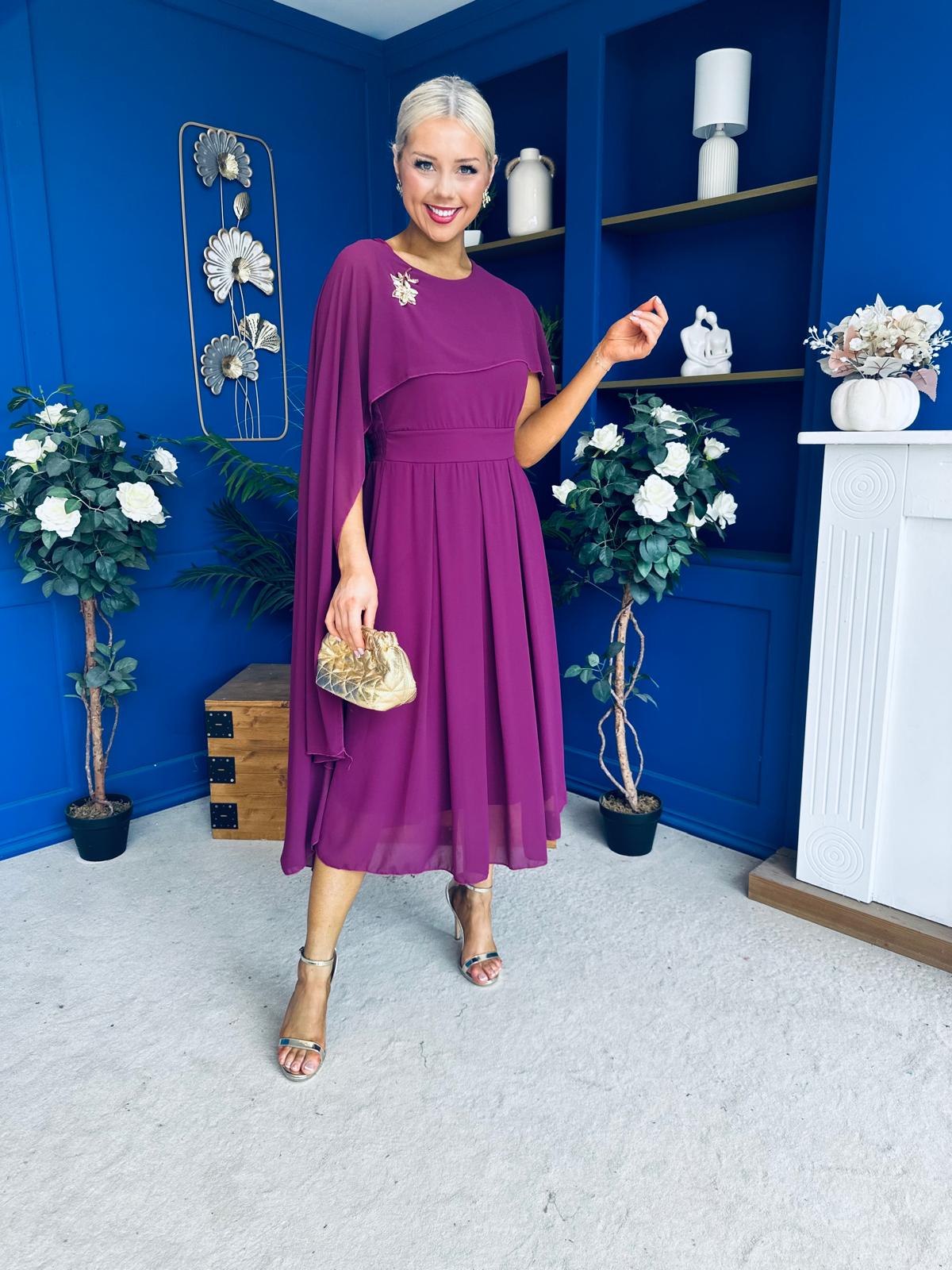 Caoimhe Cape Detail Midi Dress Berry