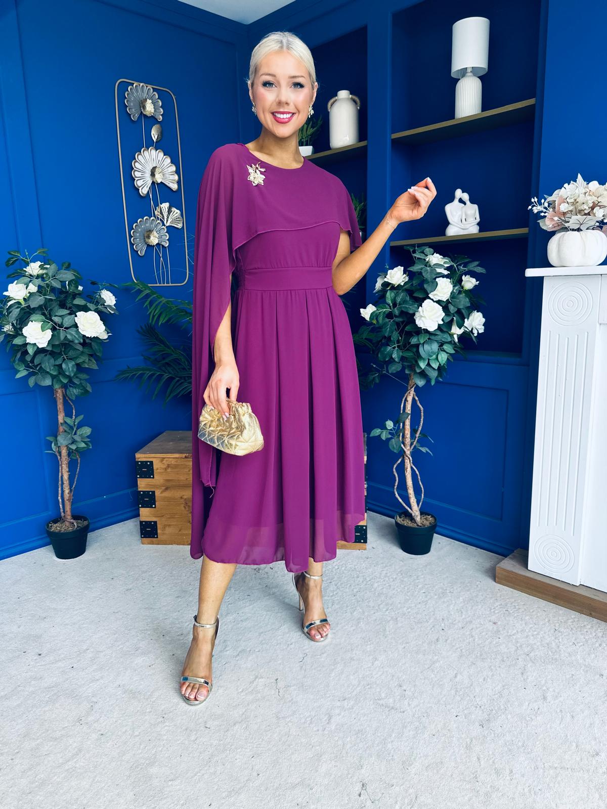 Caoimhe Cape Detail Midi Dress Berry