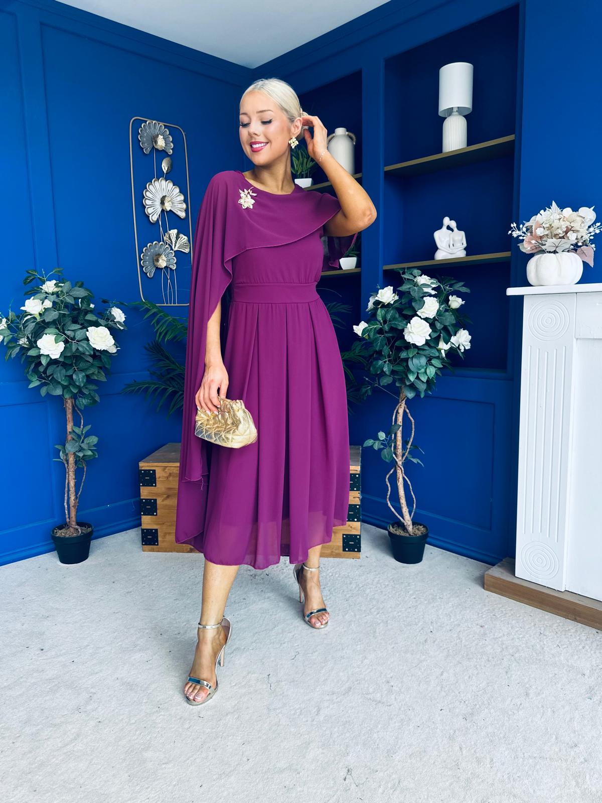 Caoimhe Cape Detail Midi Dress Berry