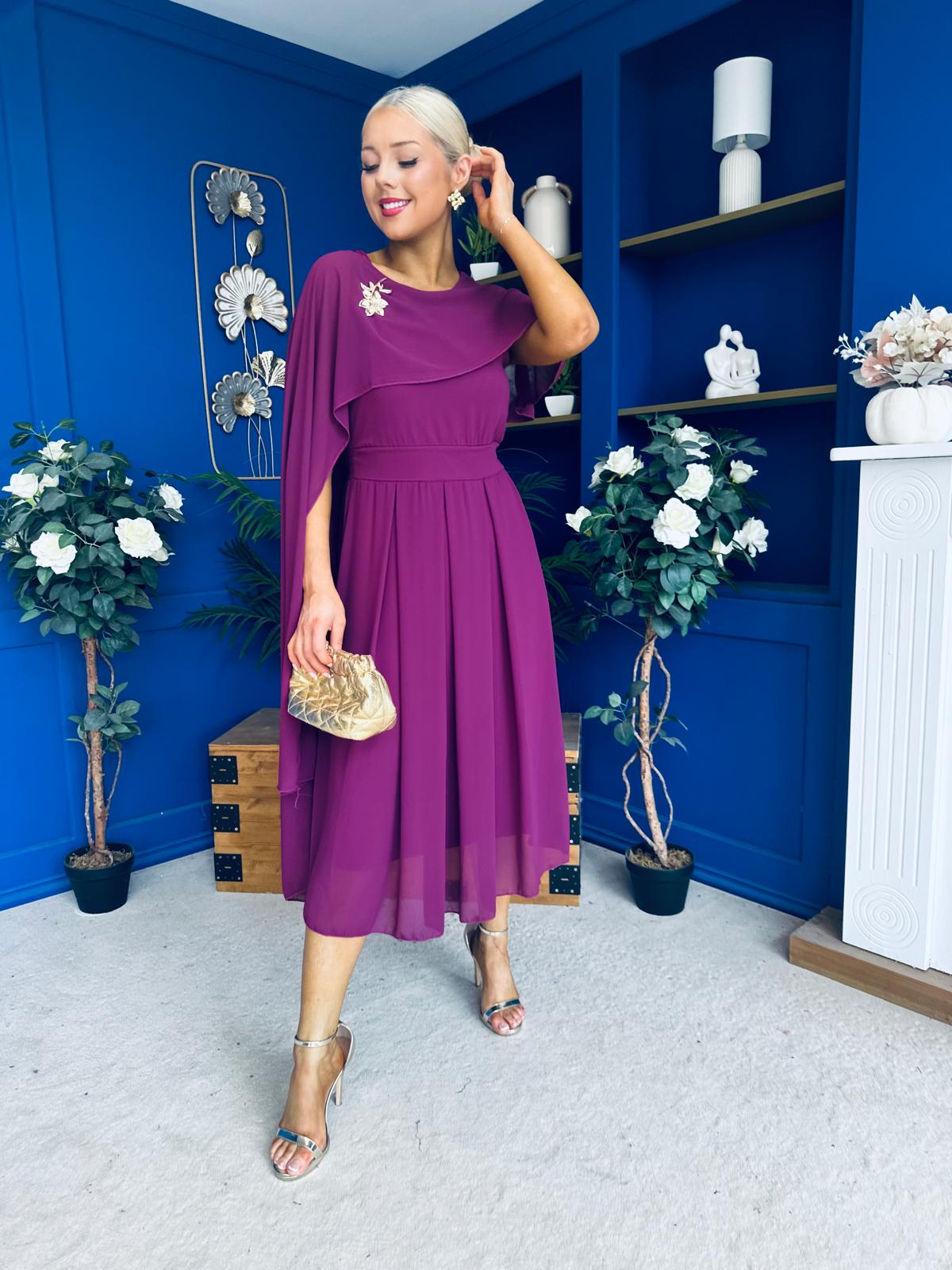 Caoimhe Cape Detail Midi Dress Berry
