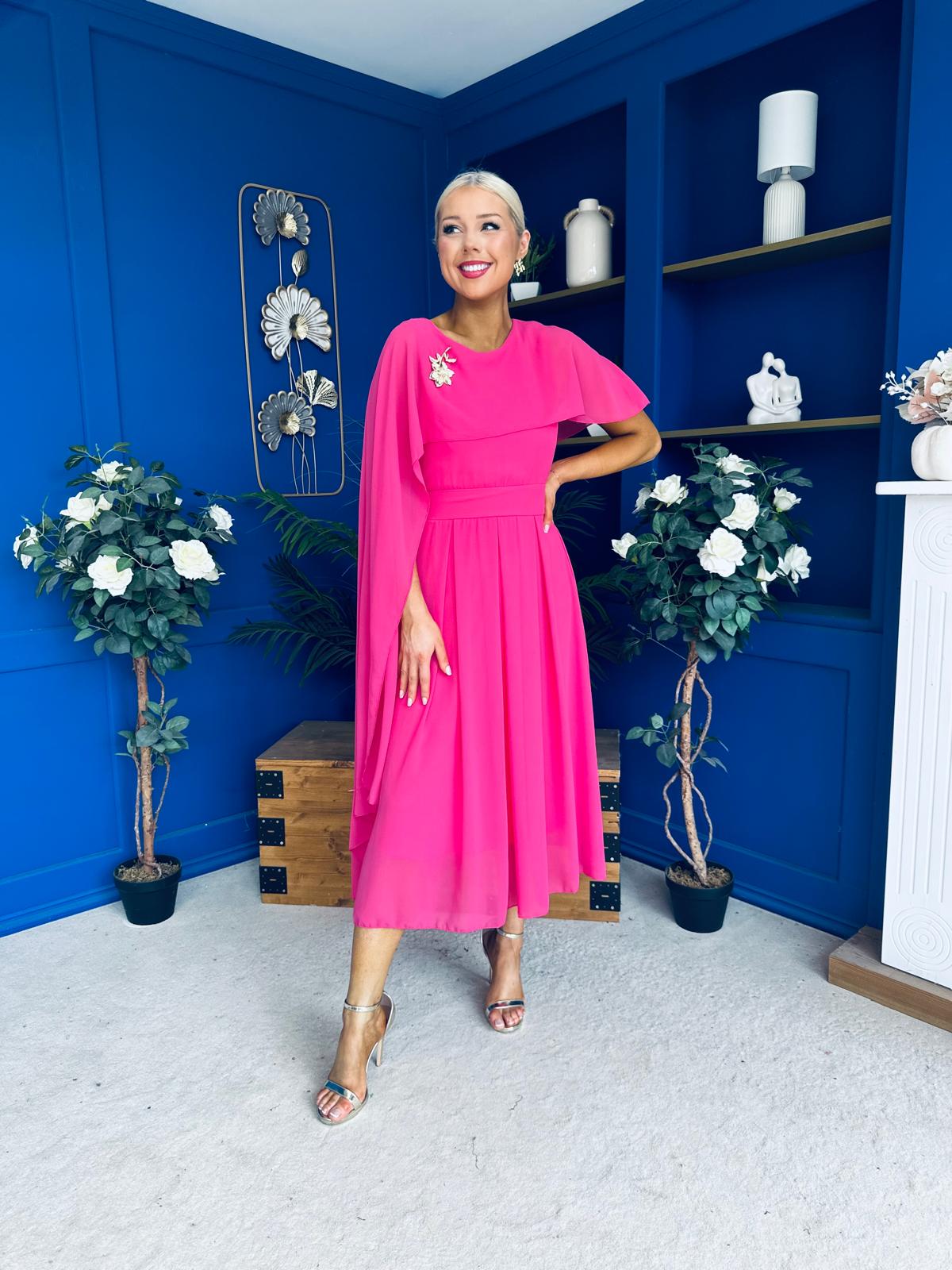 Caoimhe Cape Detail Midi Dress Hot Pink