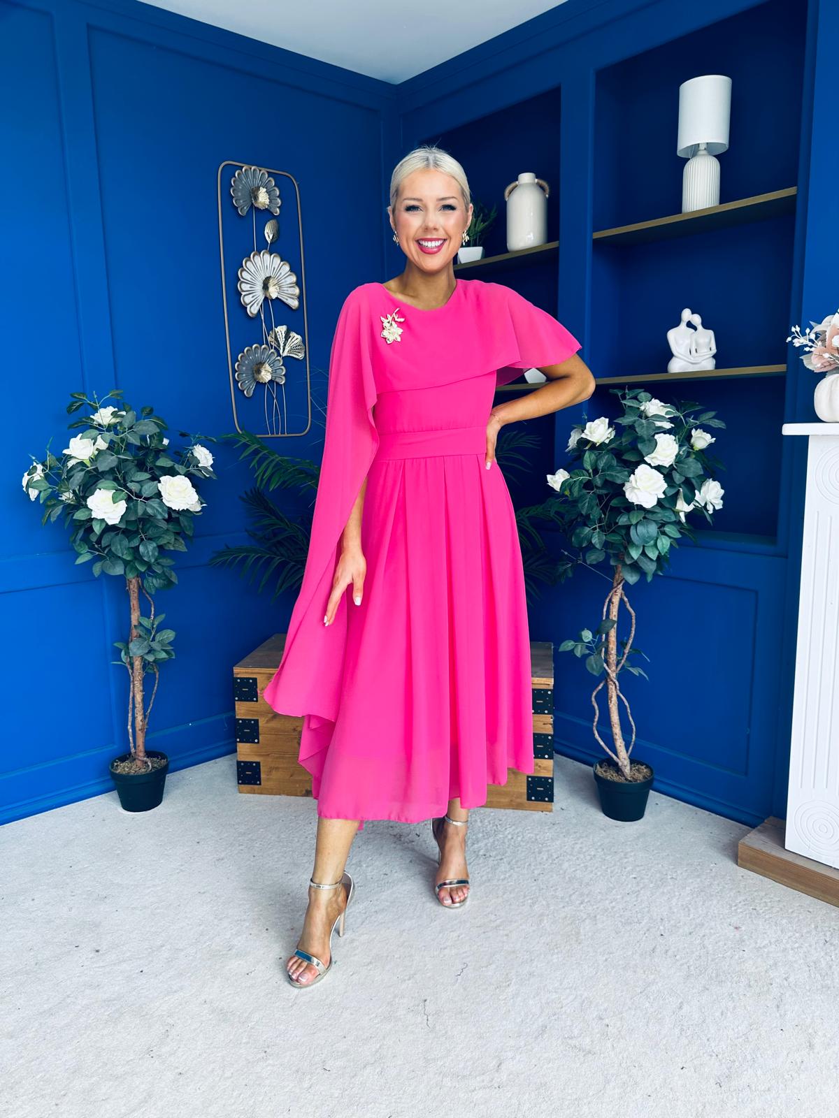 Caoimhe Cape Detail Midi Dress Hot Pink