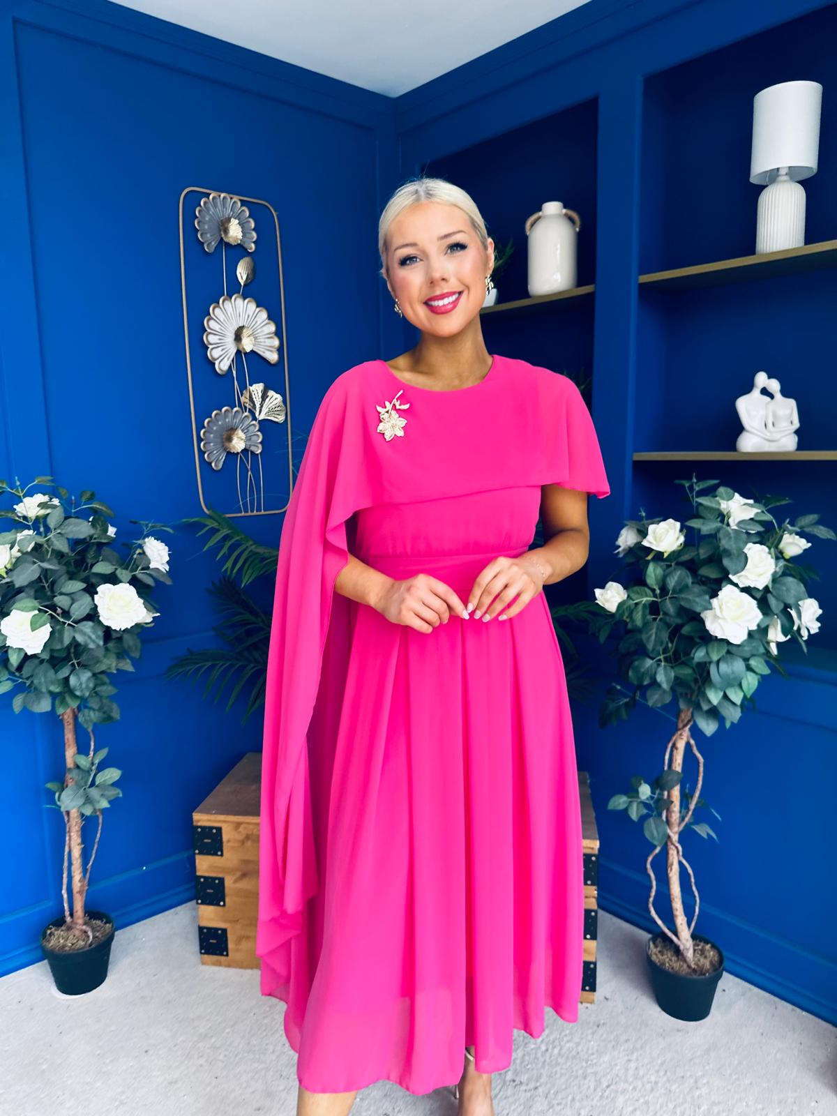 Caoimhe Cape Detail Midi Dress Hot Pink