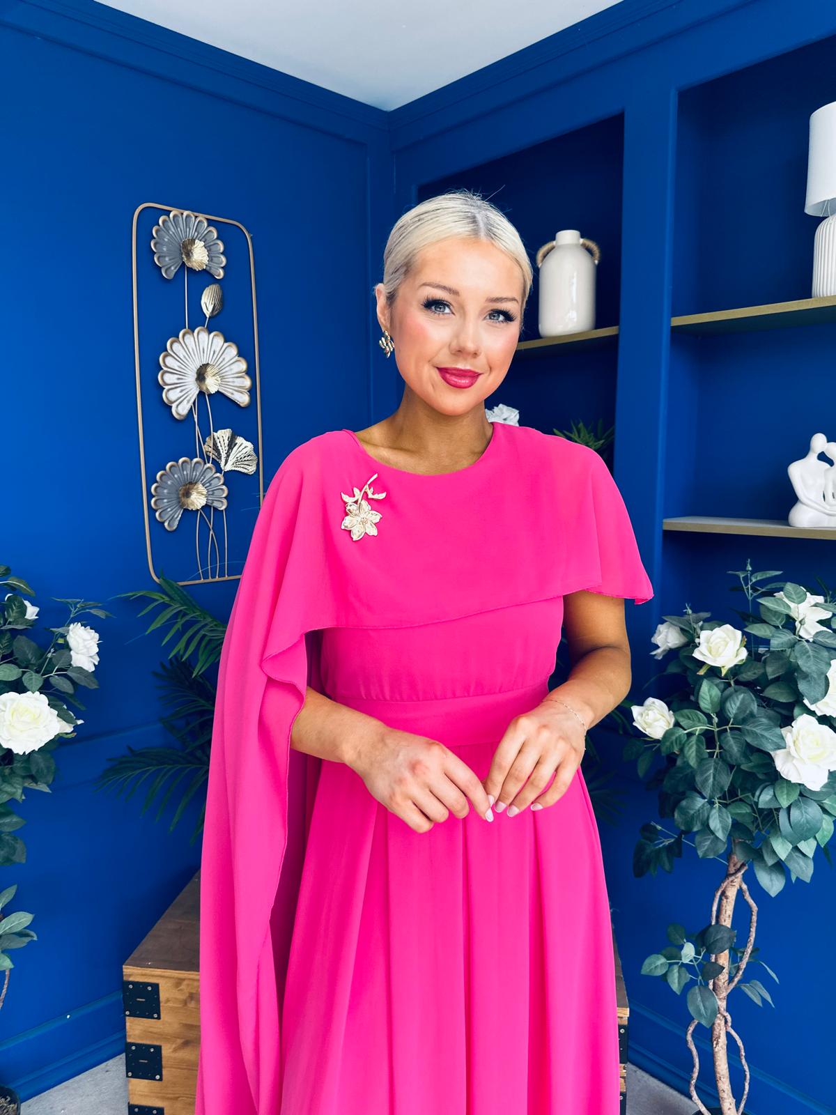Caoimhe Cape Detail Midi Dress Hot Pink