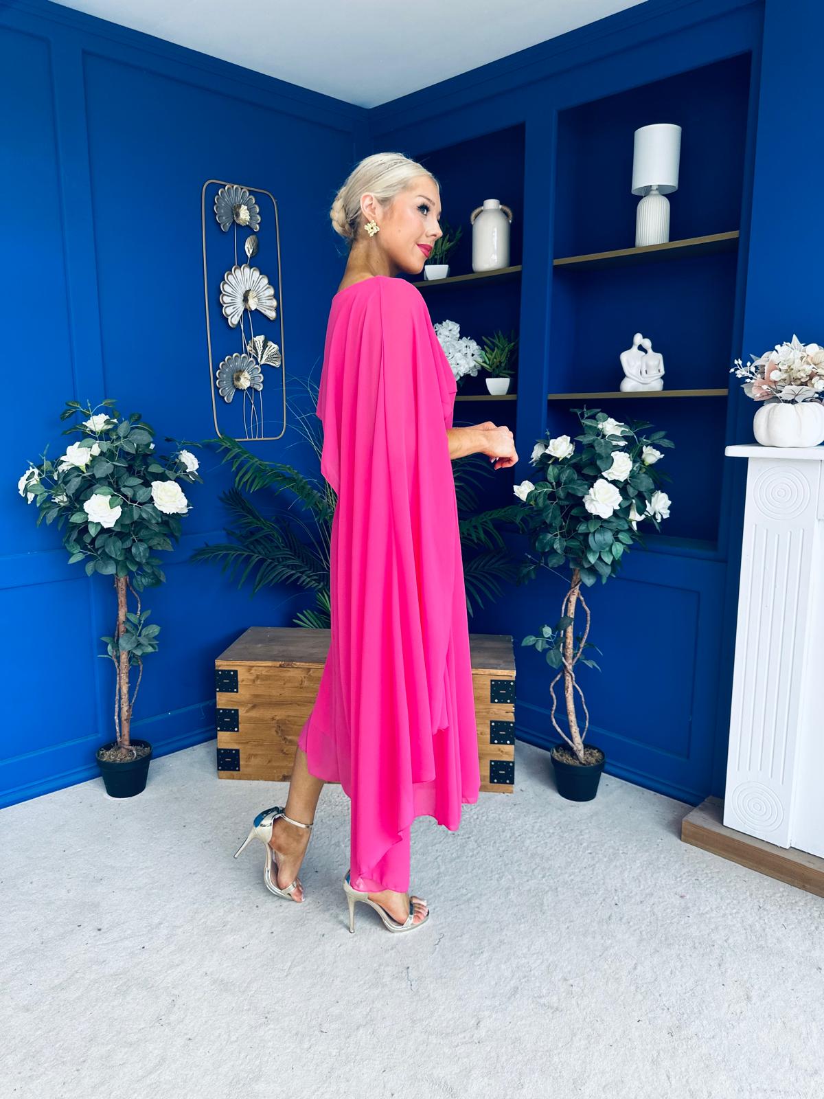 Caoimhe Cape Detail Midi Dress Hot Pink