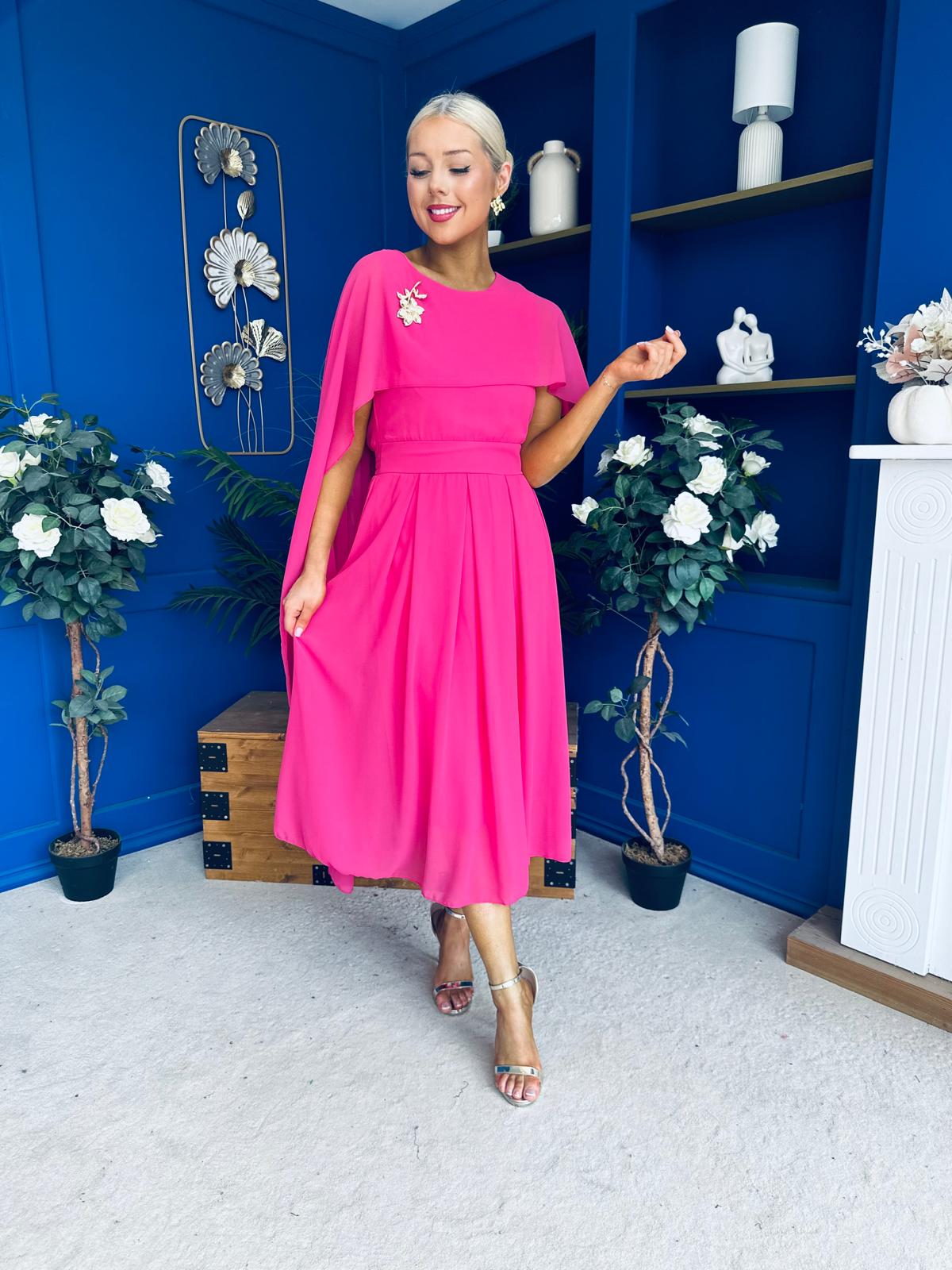Caoimhe Cape Detail Midi Dress Hot Pink