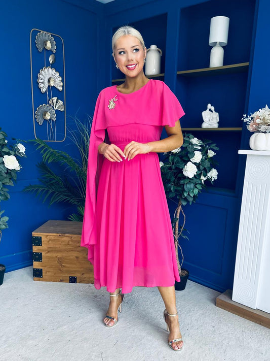 Caoimhe Cape Detail Midi Dress Hot Pink
