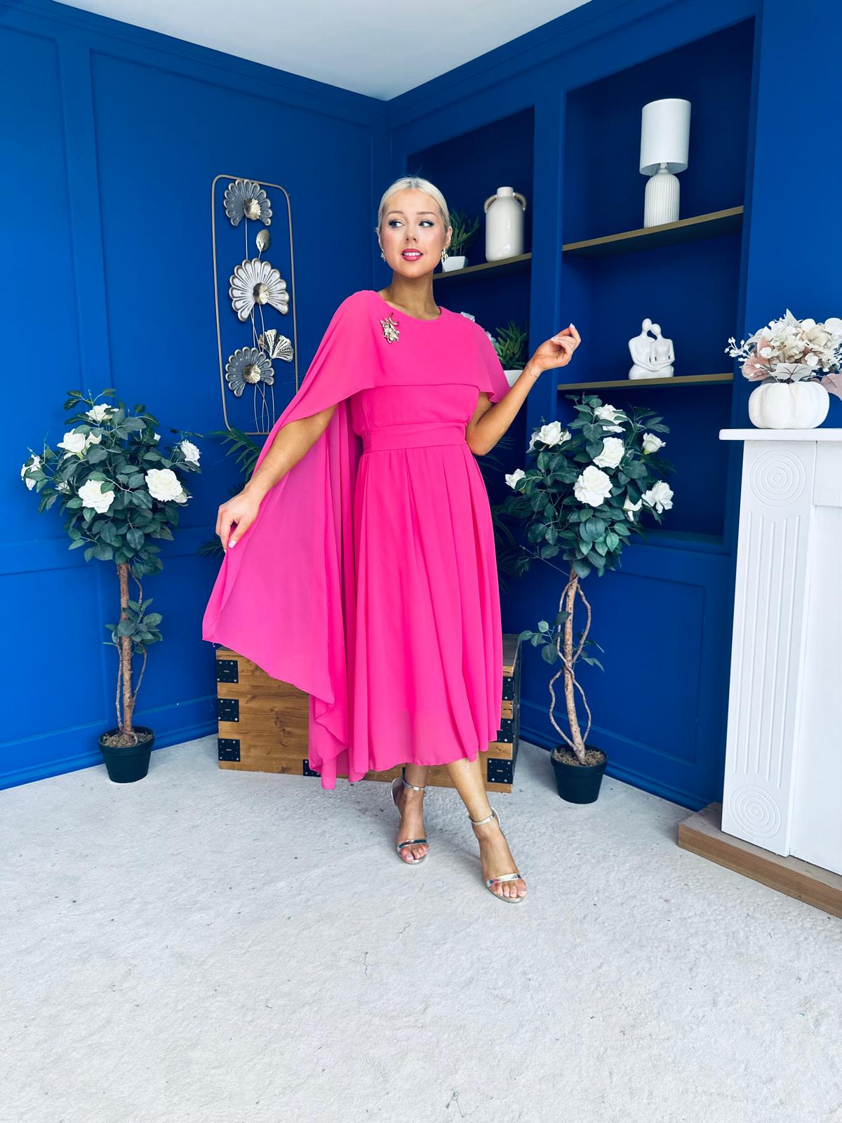 Caoimhe Cape Detail Midi Dress Hot Pink